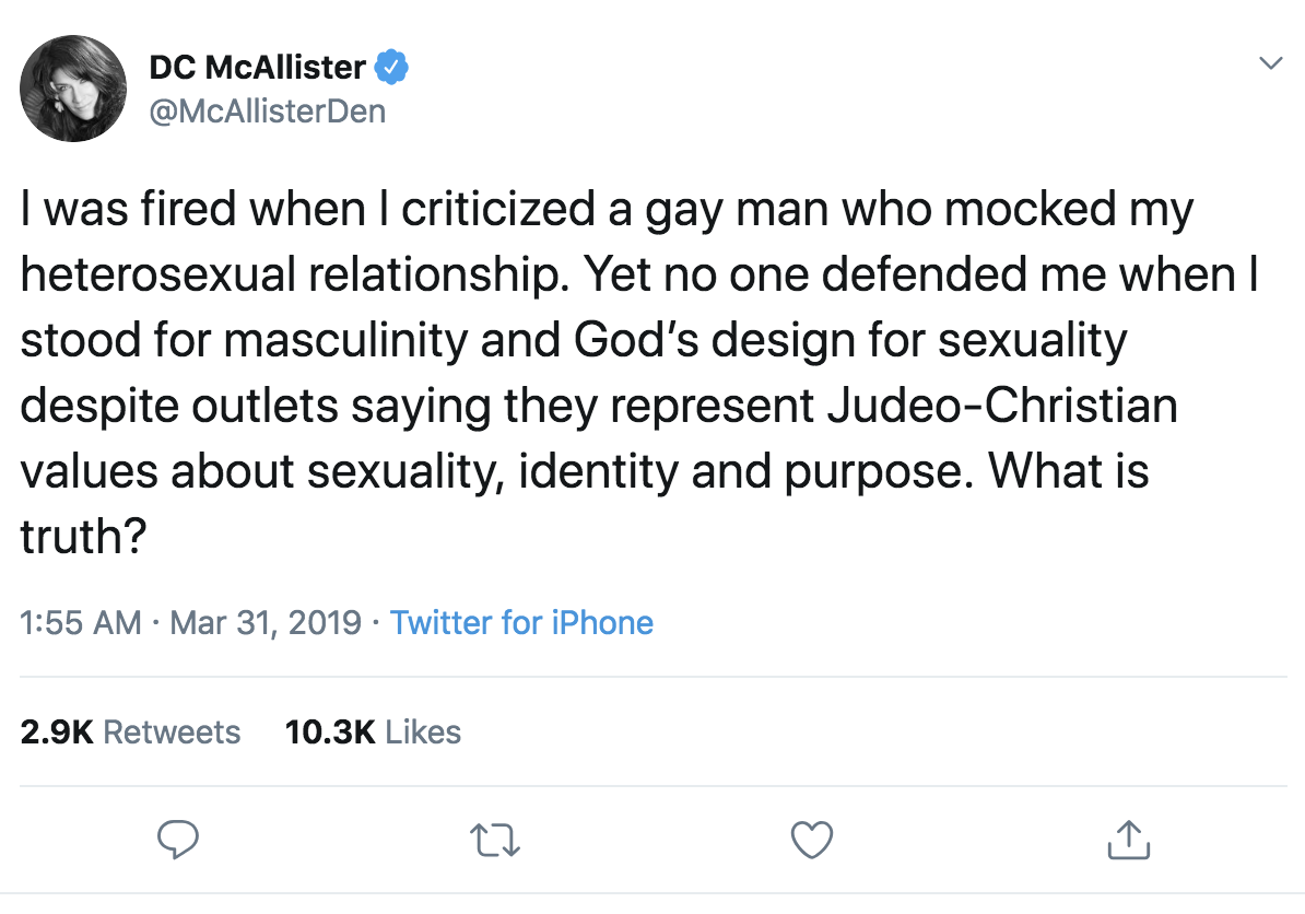 Conservative Websites Fire Writer Denise McAllister After Homophobic Twitter  Rant on Gay Journalist | EDGE United States